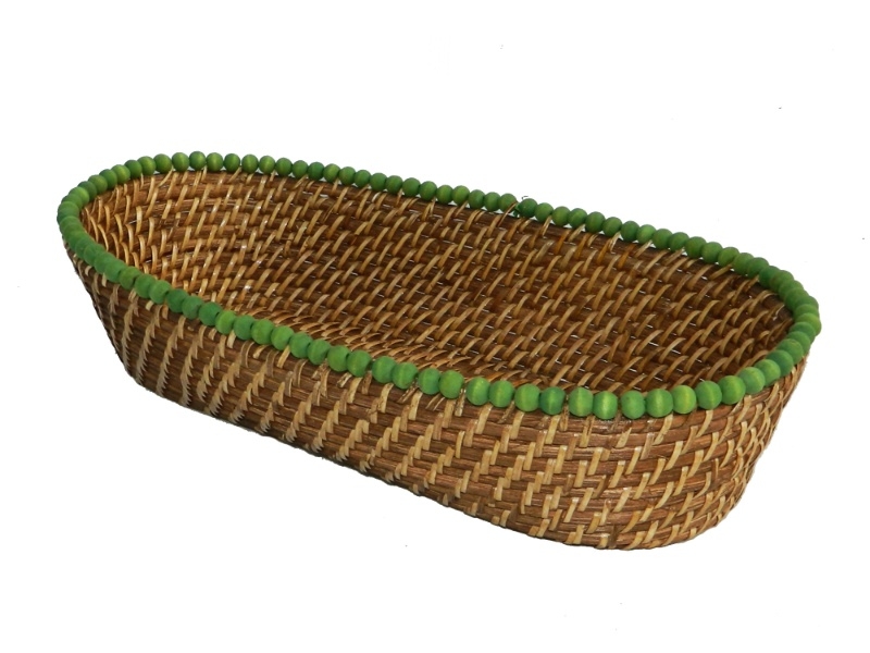 Elite Rattan Bread Basket with Green Wooden Beads - Handwoven Kitchen & Home Decor